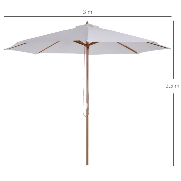 Parasol Ø 300 cm, parasol med UV-beskyttelse, træparasol til balkon, stabil strandparasol, markedsparasol, solbeskyttelse til strand, terrasse, have, hvid