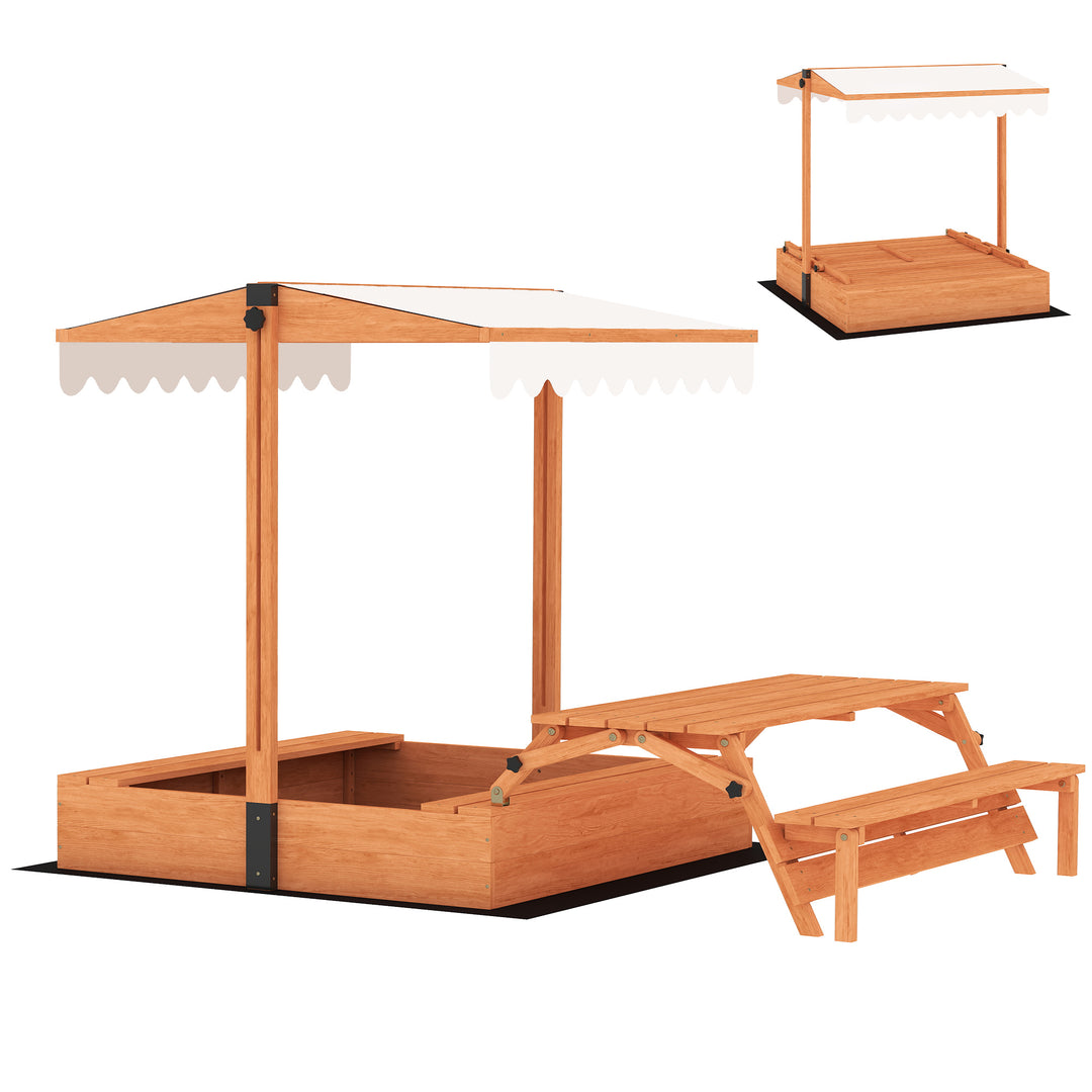 Træsandkasse med tag, sammenklappeligt picnicbord og bænke, til børn i alderen 3-8 år, 184 x 110 x 120 cm, brun