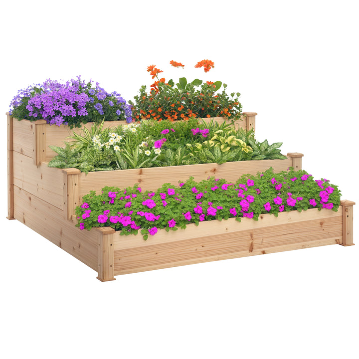 Højbed 3-lags havebed plantebed urtebed blomstertrappe til altanhaven naturlig grantræ 120 x 120 x 56 cm