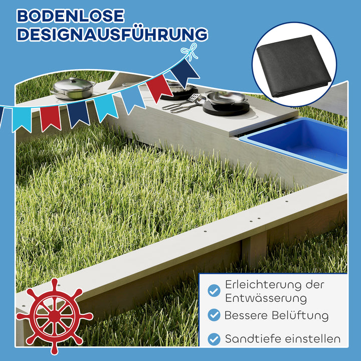 Sandkasse med soltag, piratskib, inklusive børnekøkkenlegesæt, massivt træ, 180 x 103 x 144,5 cm, grå