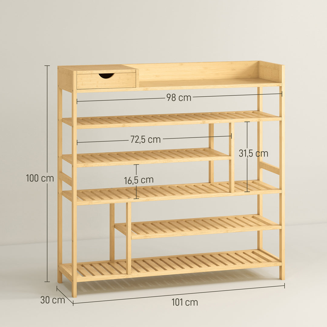 Skoreol, skostativ med bambusskuffe, til 18 par sko, 101 x 30 x 100 cm, naturfarvet