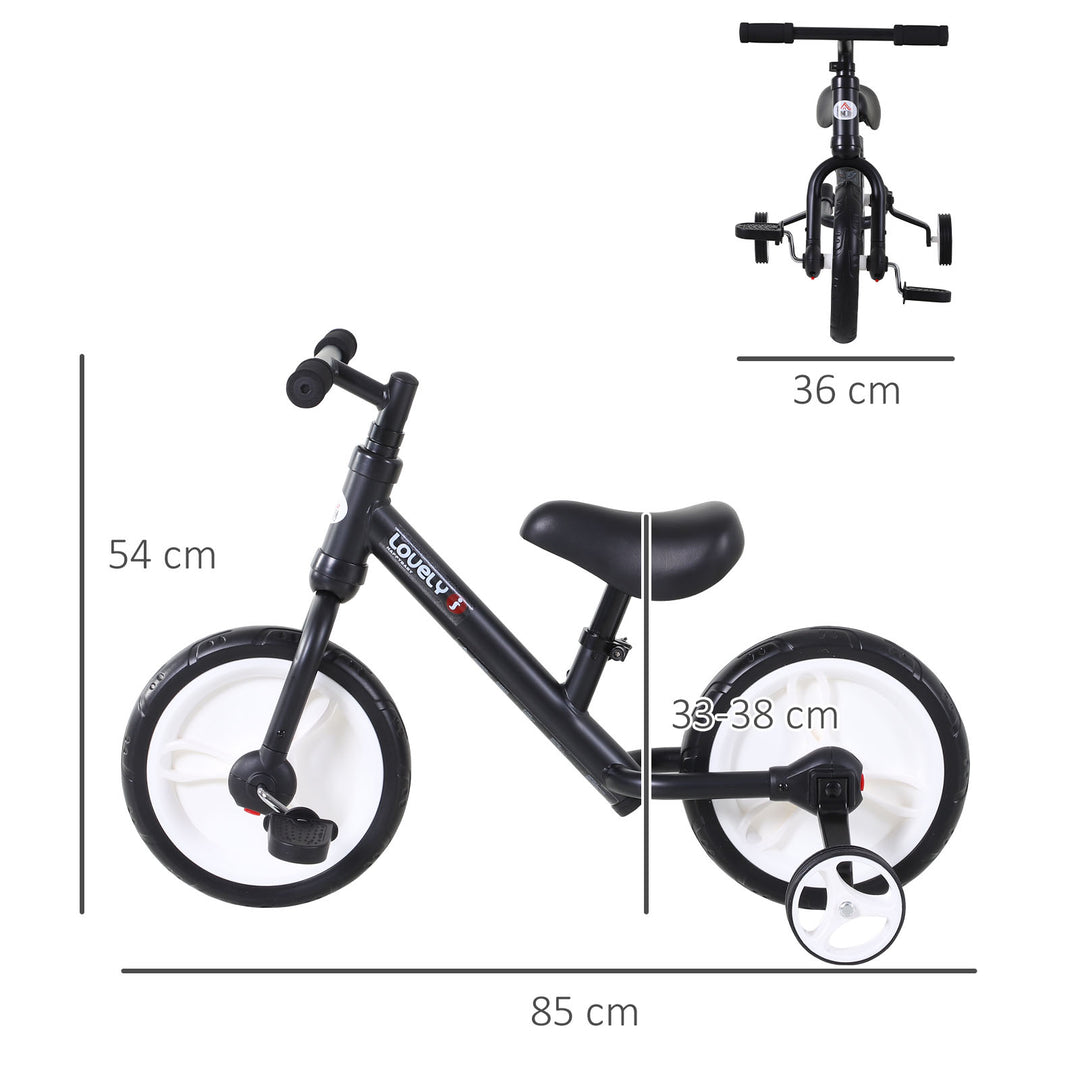 Børnebalancecykel, lærecykel, børnecykel, 2-i-1, børnecykel med støttehjul og pedaler, 2-5 år, sædehøjdejusterbar, pp, sort, 85 x b36 x h54 cm
