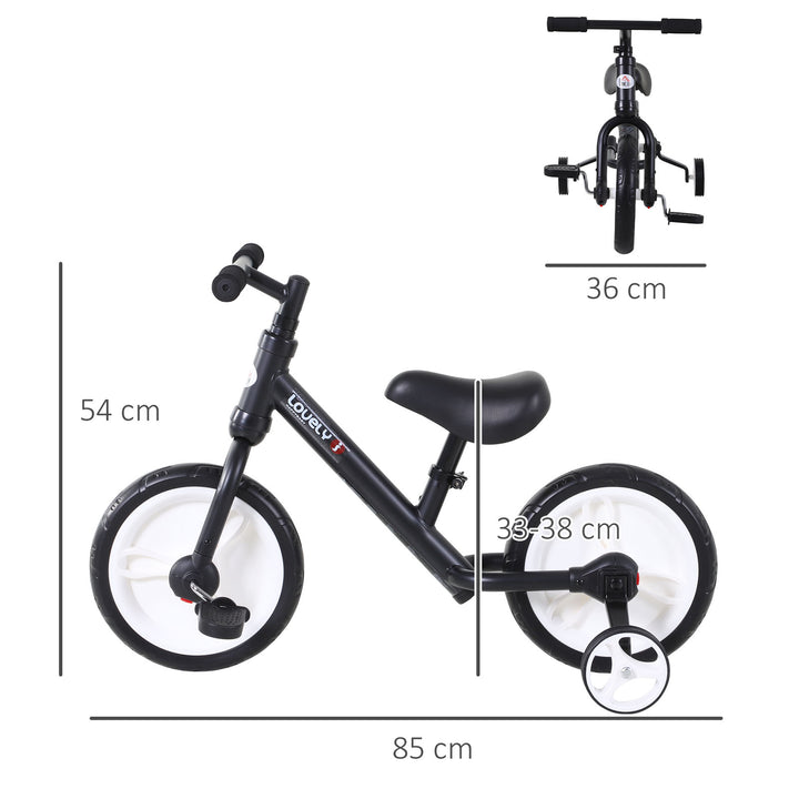 Børnebalancecykel, lærecykel, børnecykel, 2-i-1, børnecykel med støttehjul og pedaler, 2-5 år, sædehøjdejusterbar, pp, sort, 85 x b36 x h54 cm