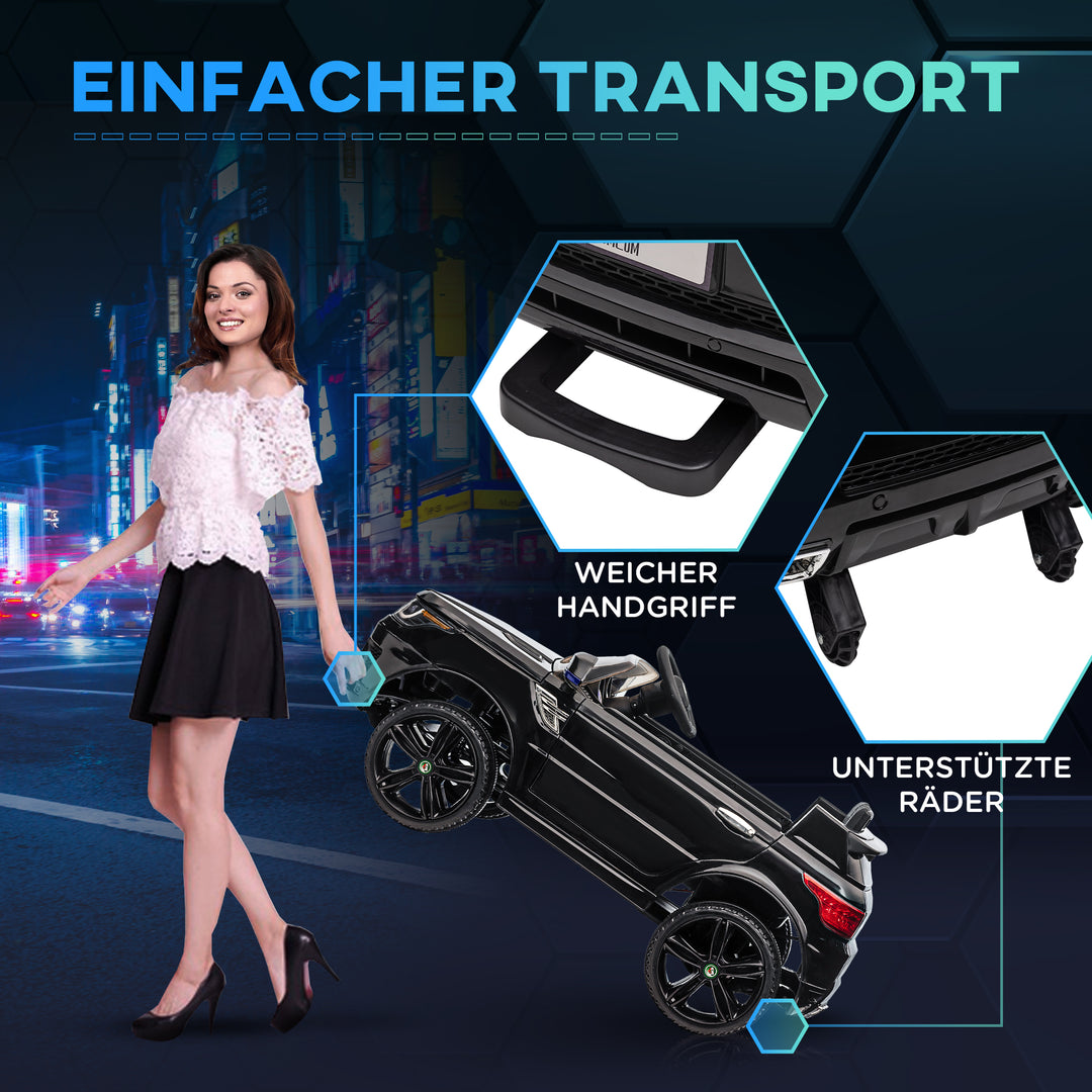 El-SUV til børn, op til 5 km/t, med sikkerhedssele, fjernbetjening, forlygter, musikfunktion, sort