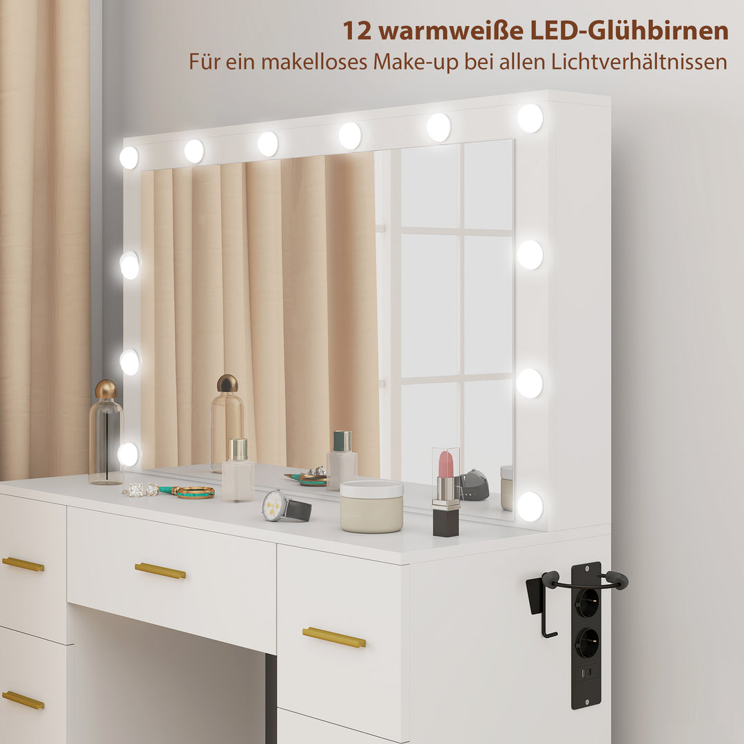 Toiletbord med spejl og 12 led-lys, sminkebord med 7 skuffer, spånplade, hvid