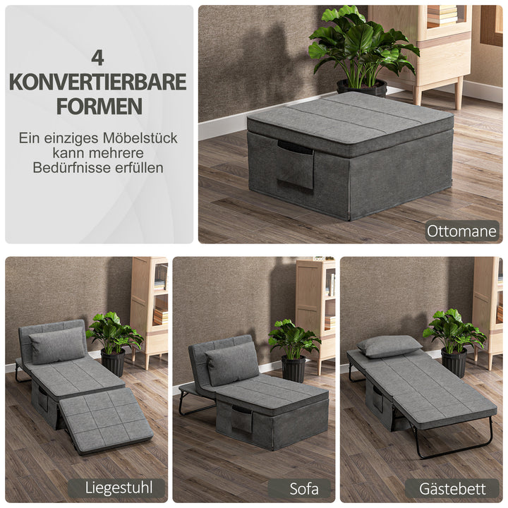 4-I-1 klapseng, gæsteseng, højdejusterbar, madras, sidelommer, metalramme, grå, 188 x 75 x 38 cm