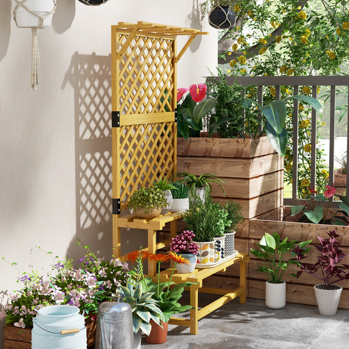 Plantestativ, blomsterhylde, 2 etager, med espalier og tag, fyrretræ, 75x50x166cm, gul