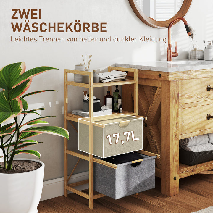 Bambus vasketøjsstativ med 2 stofkurve, åbne hylder, pladsbesparende, naturtræ