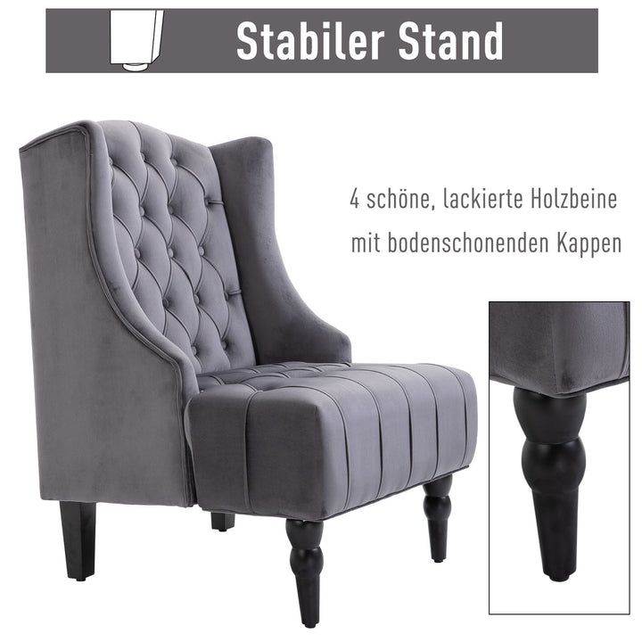 Lænestol med ryglæn og læderben i fløjlsstof, grå, 67 x 70,5 x 97 cm