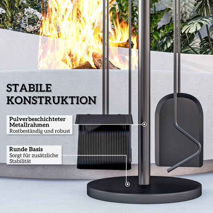 5-Delt pejsværktøjssæt, kost, skovl, tang, ildrager og stativ, brandsikkert metal, sort