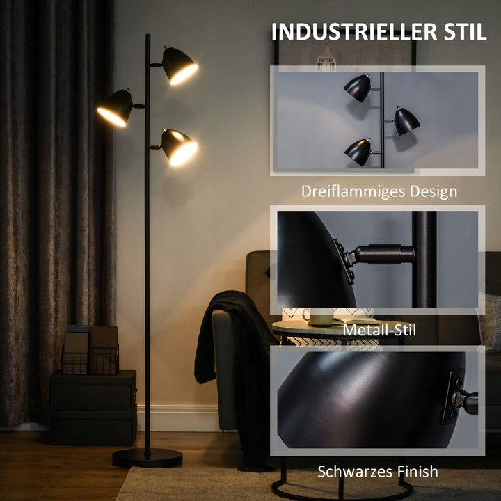 Gulvlampe, 3 justerbare skærme, metal, sort