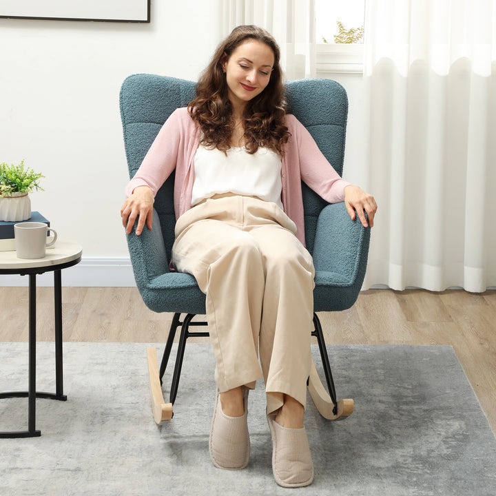 Gyngestol, ergonomisk form, base af ægte træ, op til 120 kg, lyseblå