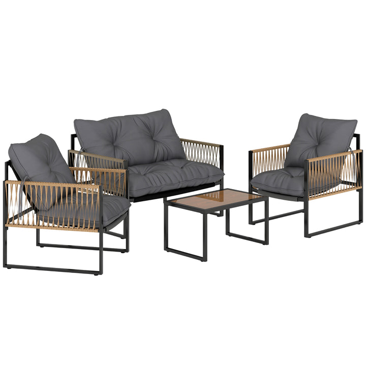 Havemøbelsæt, 4 dele, sofa, 2 stole, bord med glasplade, metalstel, polyrattan, antracit