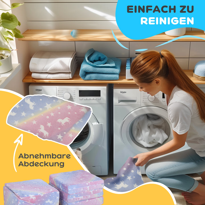 5-Delt modulært børnesofasæt med trappe og madras, pony- og stjernemønster, selvlysende, lyserød