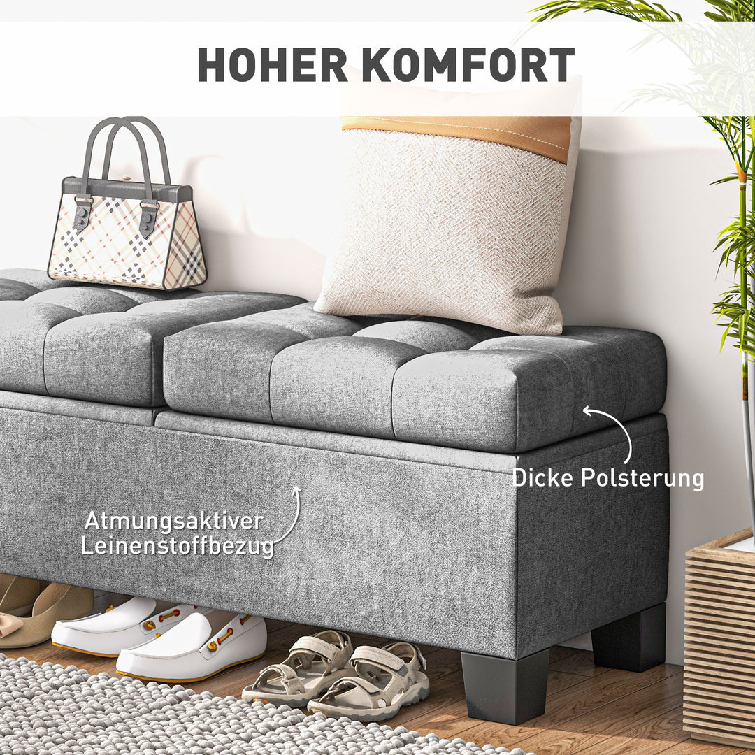 Opbevaringsbænk, polstret bænk med linnedlook, polstret opbevaringsboks, lasteevne op til 180 kg, til entré, soveværelse, stue, 116x41x47 cm, grå