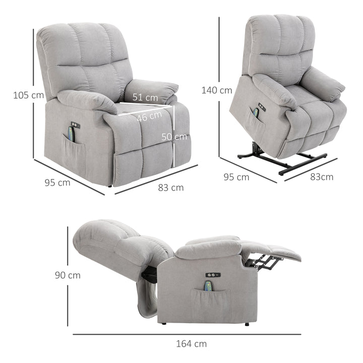 Lænestol med løftehjælp, massagestol, lænestol med USB-port, TV-stol med fjernbetjening, sidelomme, TV-lænestol med fløjlslook, grå