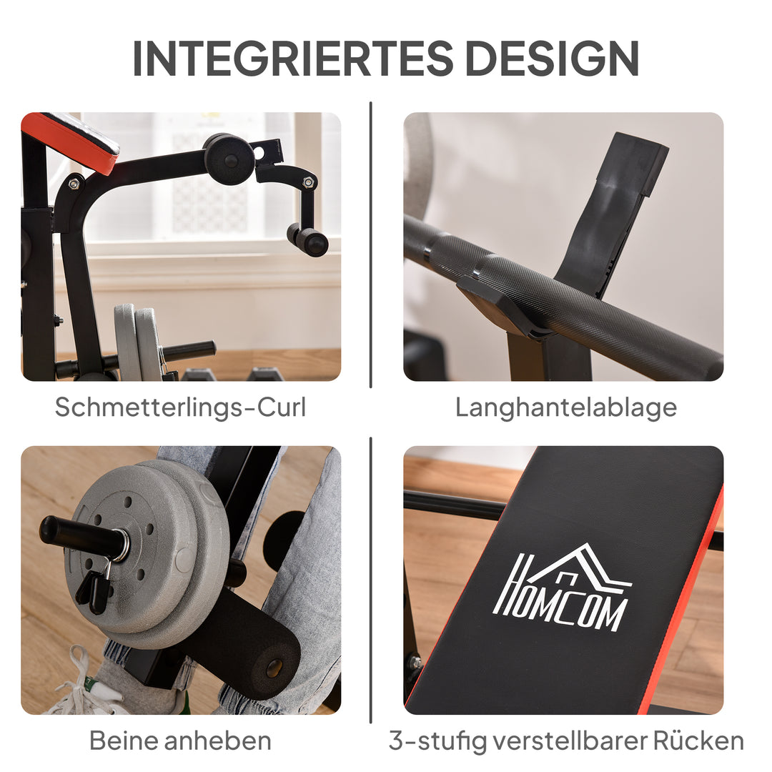 Vægtbænk uden vægte, justerbar fitnessbænk til adskillige øvelser, træningsstation, stål, plastik, sort+rød