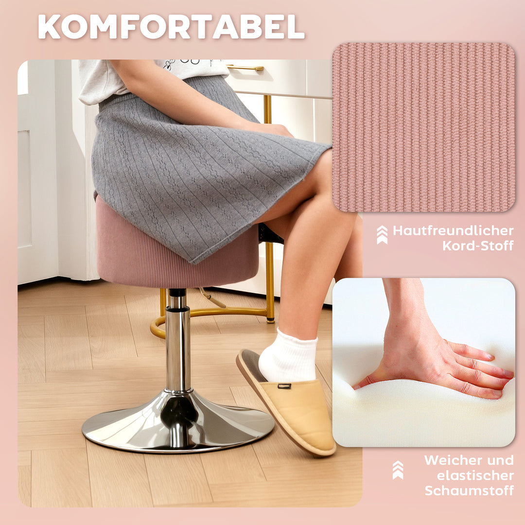 Barstol, polstret barstol med metalstel, corduroy look, højdejusterbar 360° drejelig pink