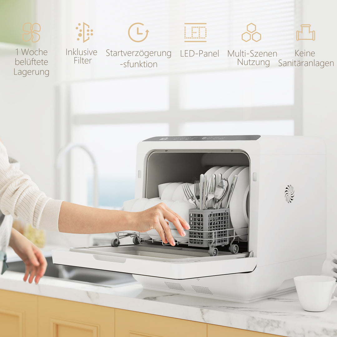 Mini opvaskemaskine med 6-liters tank, 5 programmer, led-display, tørrefunktion, hvid