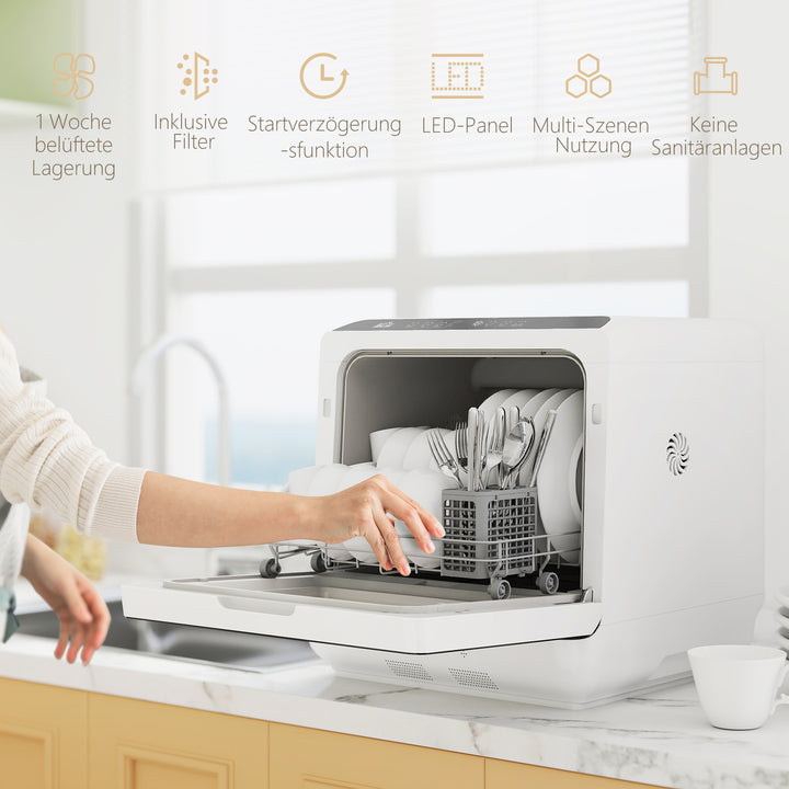 Mini opvaskemaskine med 6-liters tank, 5 programmer, led-display, tørrefunktion, hvid