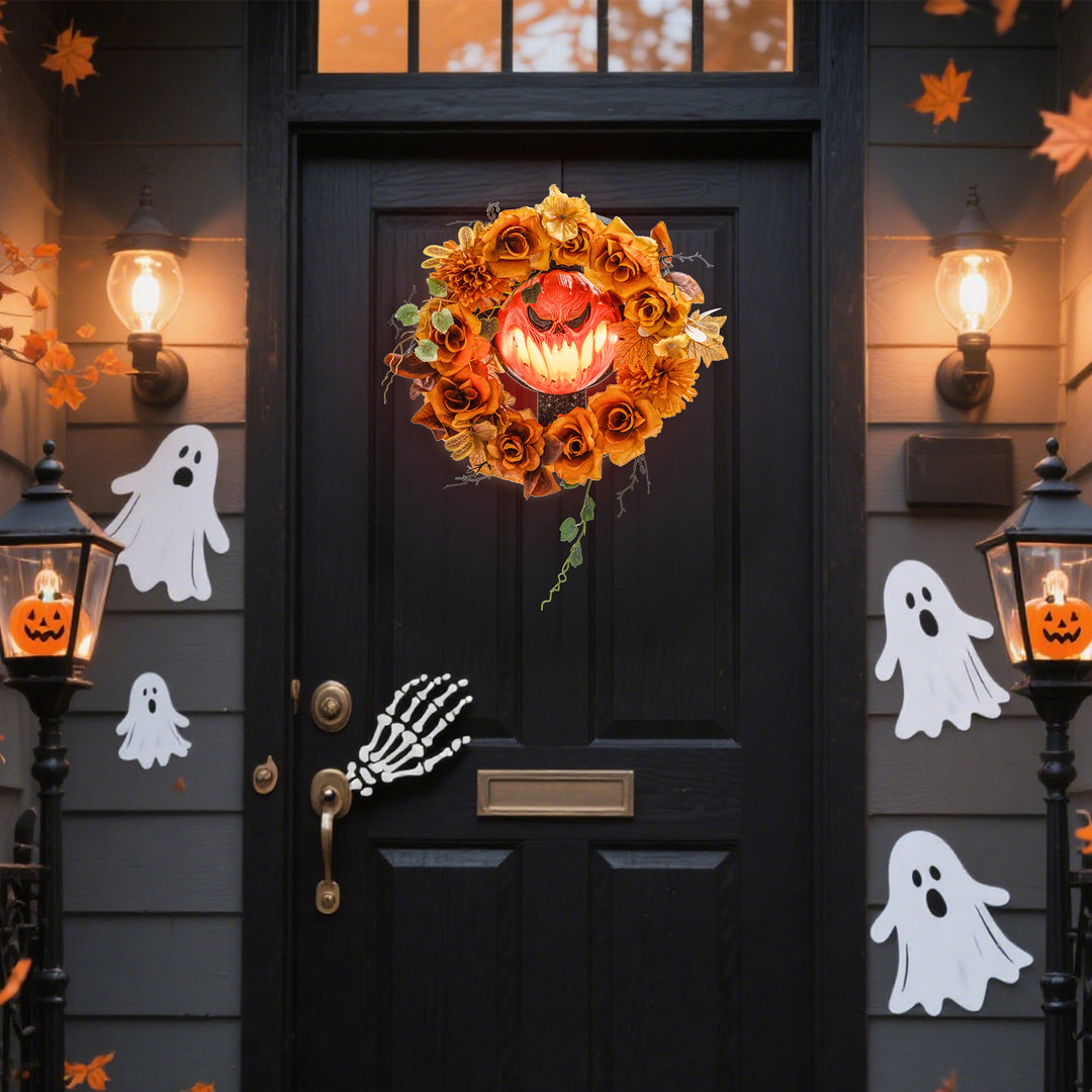 Halloween-krans, uhyggeligt græskardesign, efterårsblade, lyseffekter, plastik