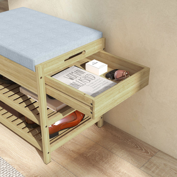 Skobænk med 2 hylder og polstret sæde, bambus, 55 x 35 x 46 cm, grå + naturfarvet