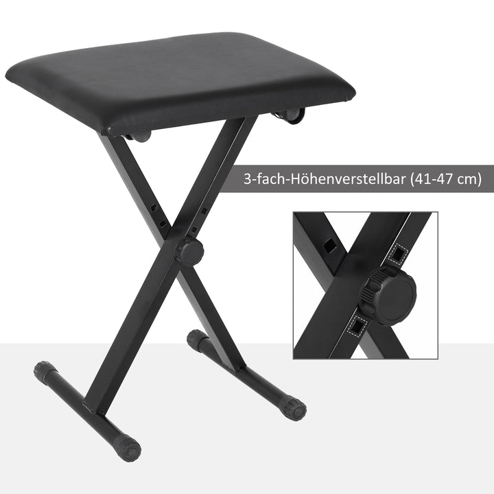 Højdejusterbar klaverstol, X-formet klaverbænk med kunstlæderhynde, foldbar klaverstol til klaver og keyboard, 39 x 29 x 37-47 cm, sort