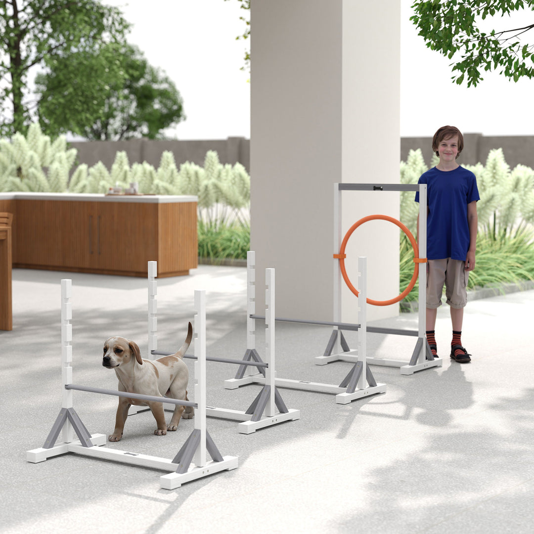 Agility set hunde 4-delt agilityudstyr til hundetræning med højdejusterbare hækkedæk hvide