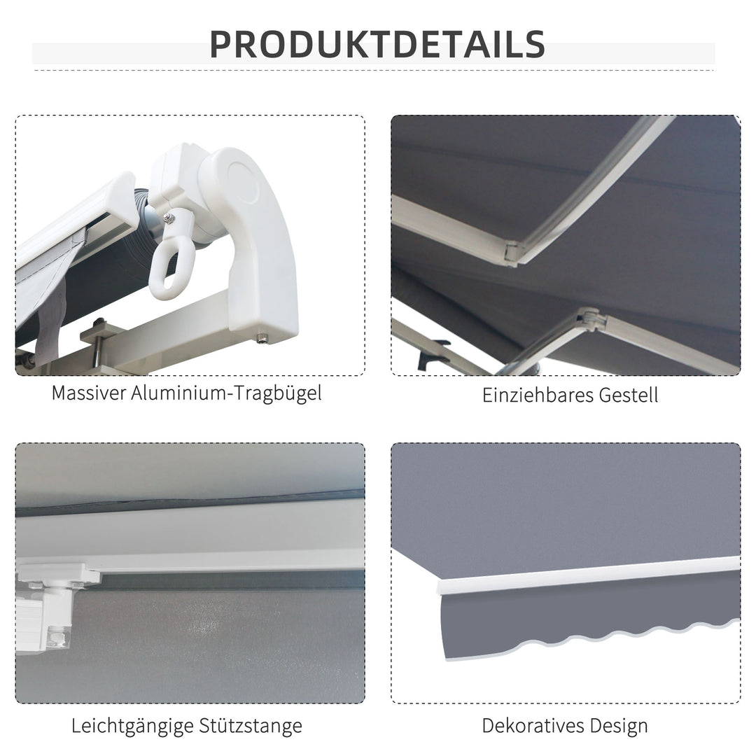 Markise med leddelt arm, justerbar klemme, terrassemarkise, 3,95 x 3 m solafskærmning med håndsving, balkonmarkise, grå