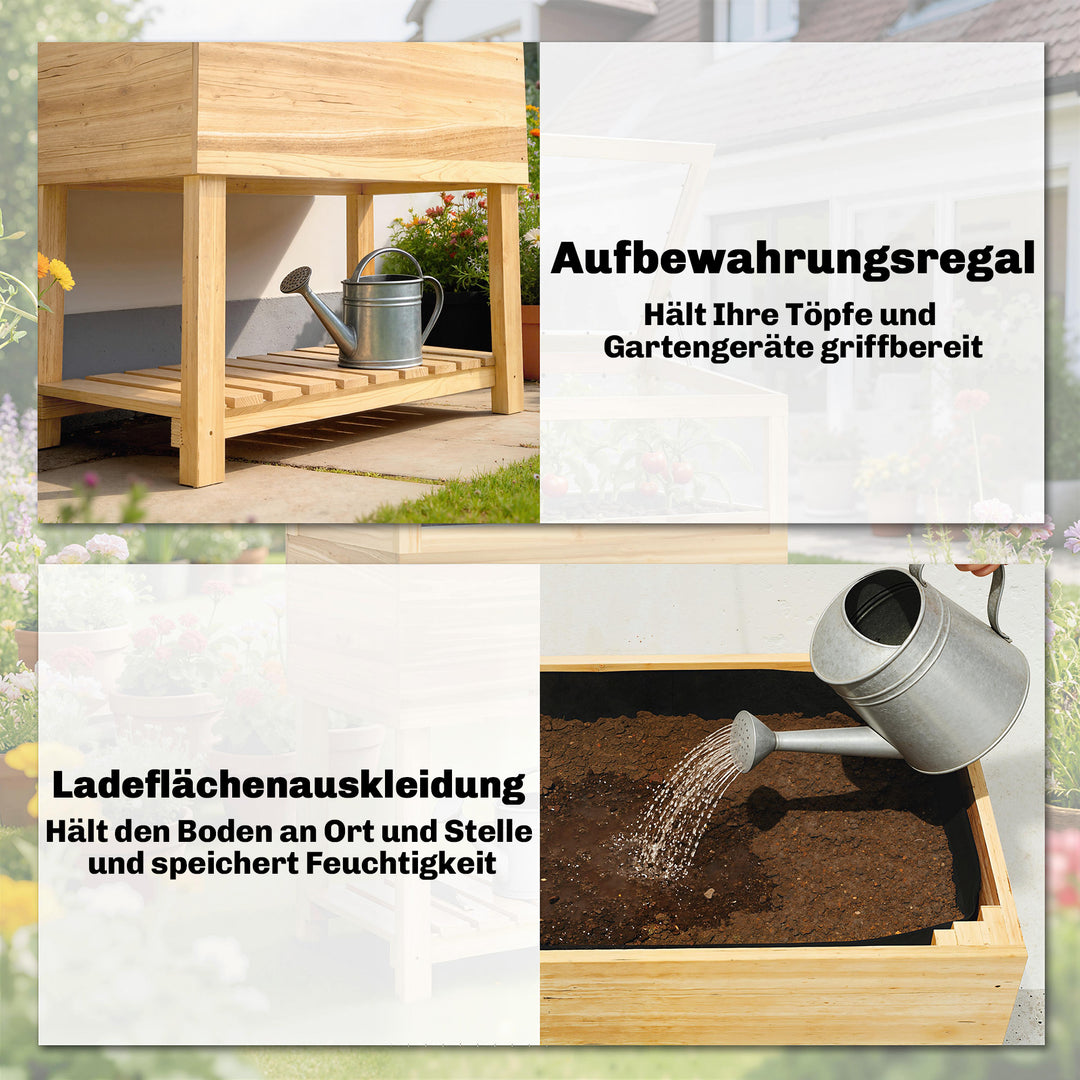 Højbed med træramme, hævet plantekasse med hængslet låg, hylde, fiberdug, ergonomisk design