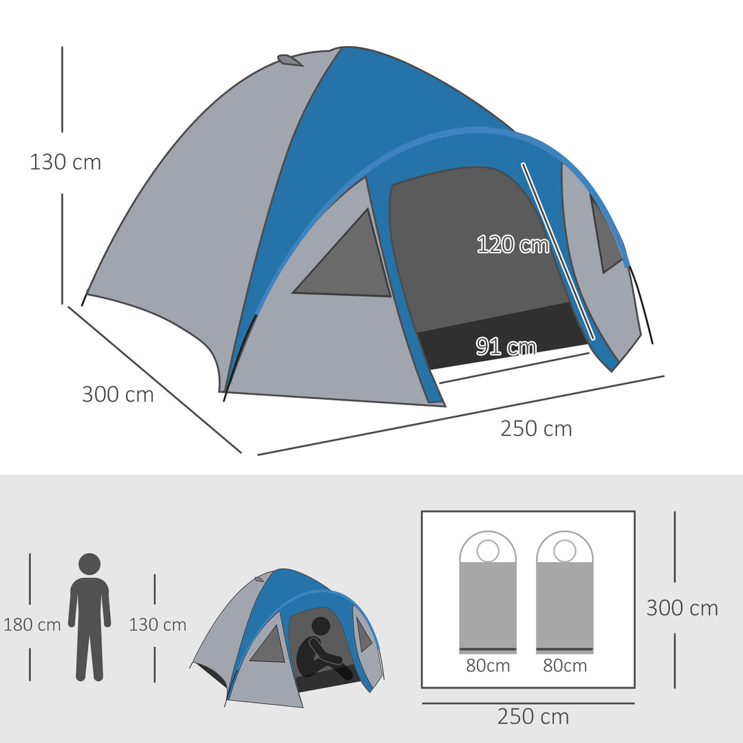 Campingtelt til 4 personer, helårsbrug, 3,00 x 2,50 x 1,30 m, blå og grå