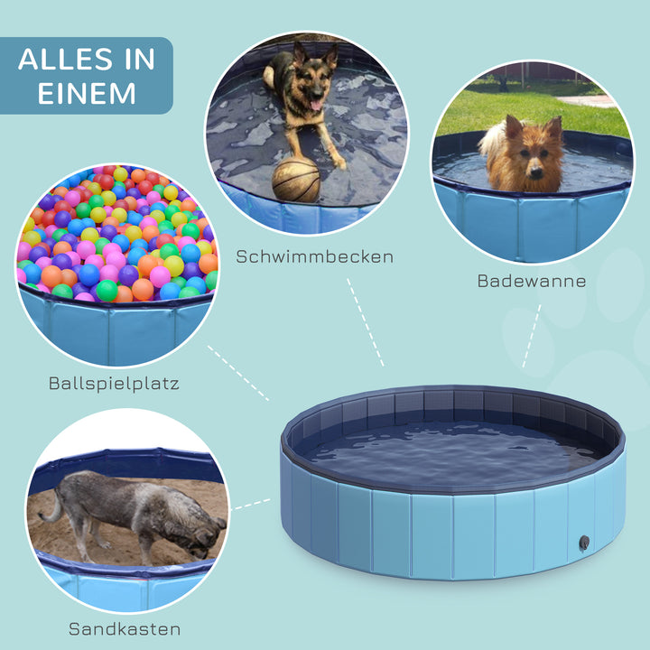 Sammenklappeligt hundebadekar, hundepool, swimmingpool, børnepool, badekar til hunde og katte, vandbassin af plastik og træ, Ø140 x H30 cm, blå