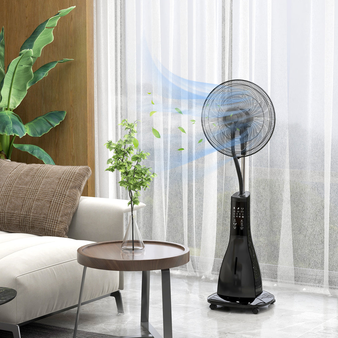 Sokkelventilator med befugtning, stille, bærbar, fjernbetjening, sort