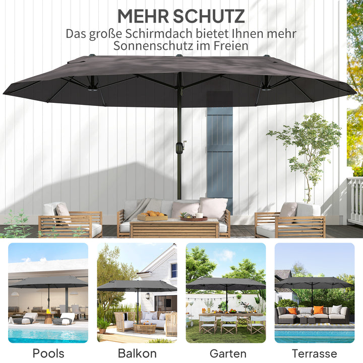 Dobbelt parasol 455 x 265 cm, UV-beskyttende parasol med håndsving, vindtæt balkonparasol, håndsvingparasol, solskærm til balkon og have, grå