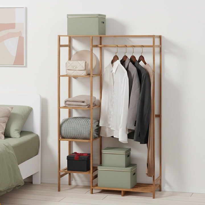 Tøjstativ med tøjstang, skohylde, hylde, garderobe lavet af bambus