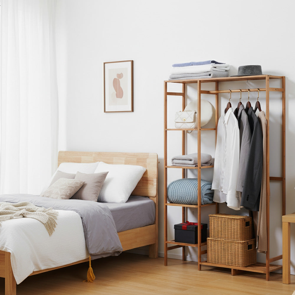 Tøjstativ med tøjstang, skohylde, hylde, garderobe lavet af bambus