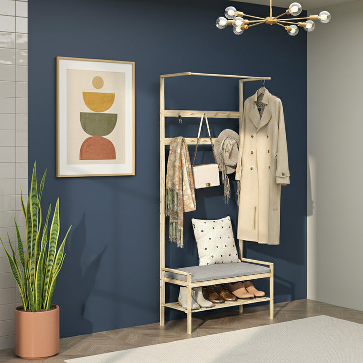 Garderobe med skobænk, bøjlestang, 10 knagerækker, bambus