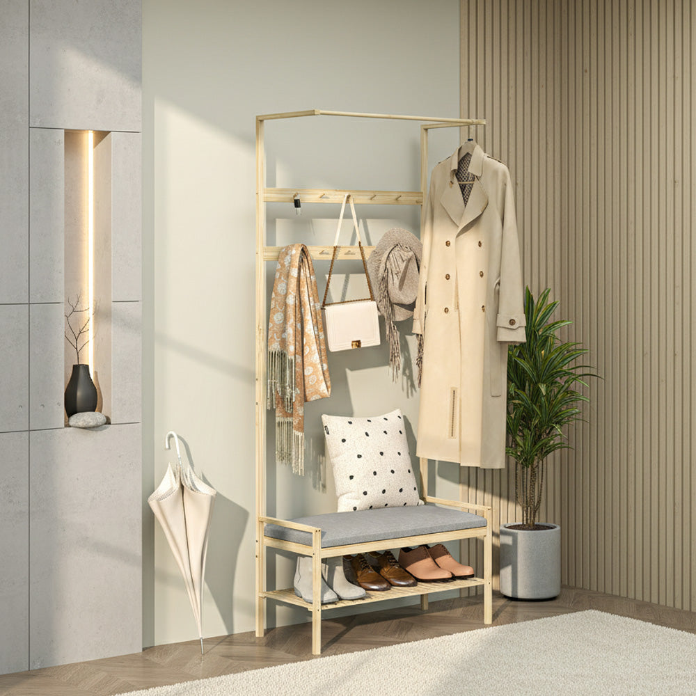 Garderobe med skobænk, bøjlestang, 10 knagerækker, bambus