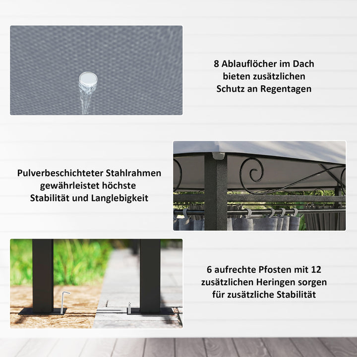 Havepavillon, udendørs pavillon med gardiner, ventileret tag, mørkegrå
