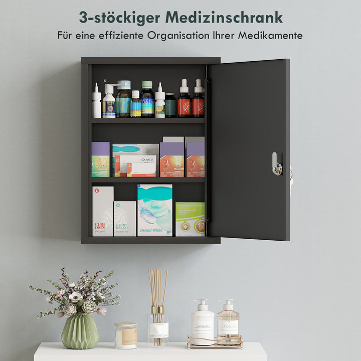 Vægmonteret medicinskab med lås, 3-etagers stålvægskab, 40 x 15 x 53,5 cm, sort