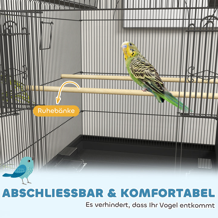 Fuglebur til kanariefugle og undulater, mobil, med bundrum, metalnet, sort