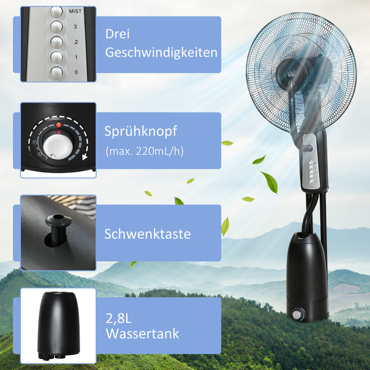 Vandkølet piedestalventilator med justerbar tågefunktion, 3 hastigheder, 2,8 L vandtank, 70° oscillation, 90 W vandventilator med hjul, 120 cm