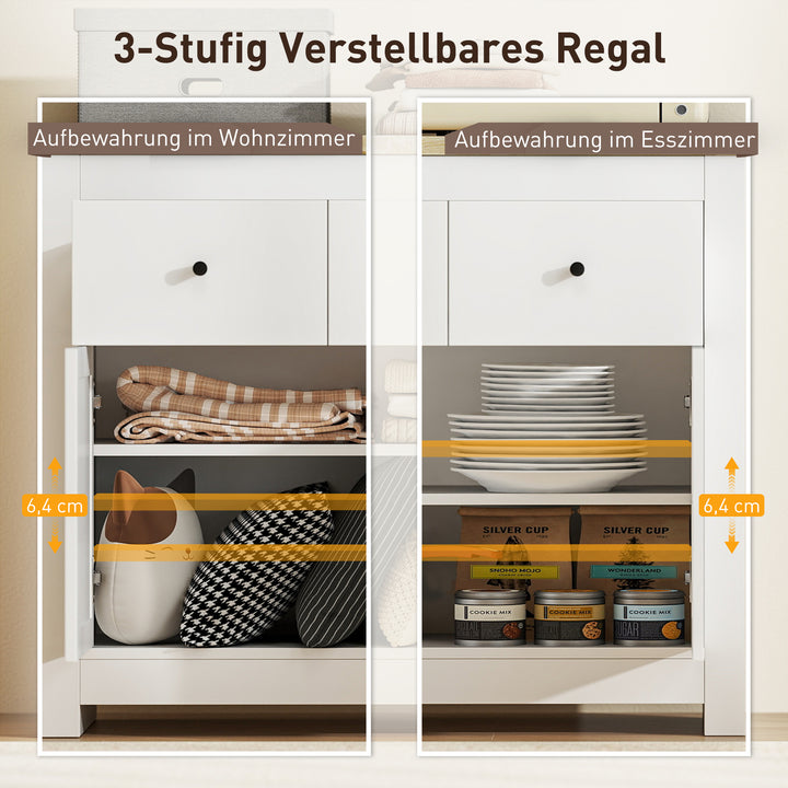 Kommode med masser af opbevaringsplads, skænk med soft-close døre, 2 skuffer, justerbar hylde, hvid