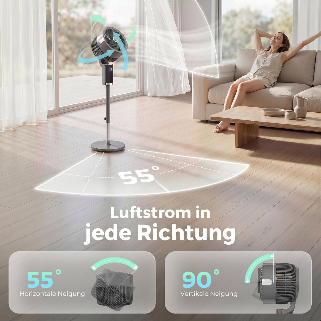 Sokkelventilator, luftcirkulator, ventilator med 8 hastighedsindstillinger, LED-display, fjernbetjening, timer, 90° oscillation, grå