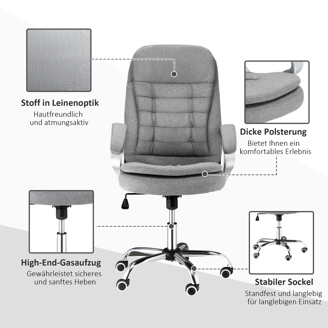 Kontorstol, arbejdsstol, skrivebordsstol, drejestol, 360° ergonomisk gyngefunktion, højdejusterbar, grå linned, 64 x 75 x 111-121 cm