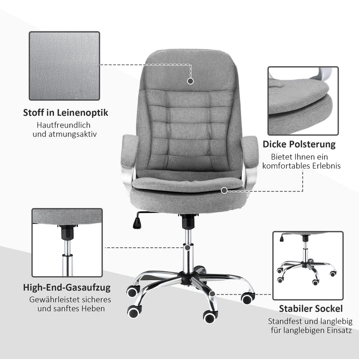 Kontorstol, arbejdsstol, skrivebordsstol, drejestol, 360° ergonomisk gyngefunktion, højdejusterbar, grå linned, 64 x 75 x 111-121 cm