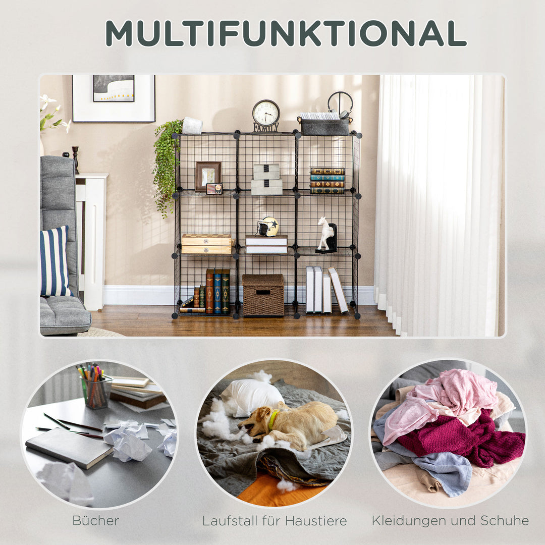 Reol, kubehylde, skohylde, 9 kuber, modulær konstruktion, stål, sort, 35 x 35 x 35 cm pr. kube