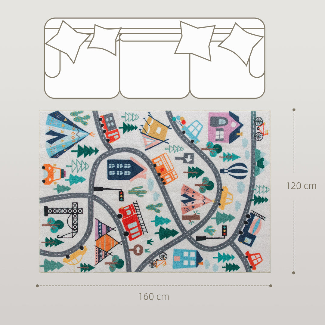 Highway pattern tæppe, hvid baggrund, blød fleece, nem at pleje, farverig