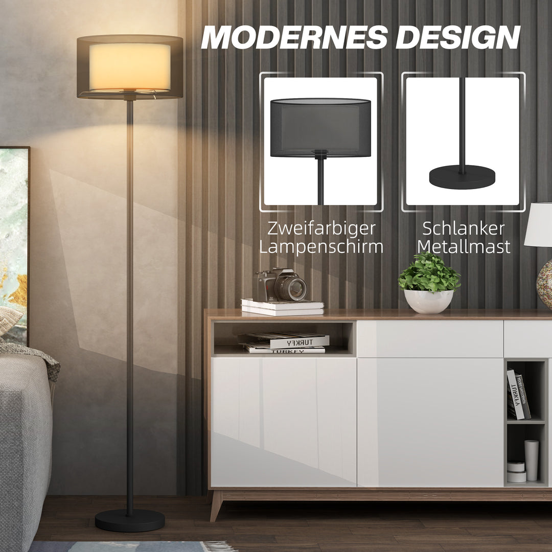 Gulvlampe, tofarvet lampeskærm, fodkontakt, metal, sort