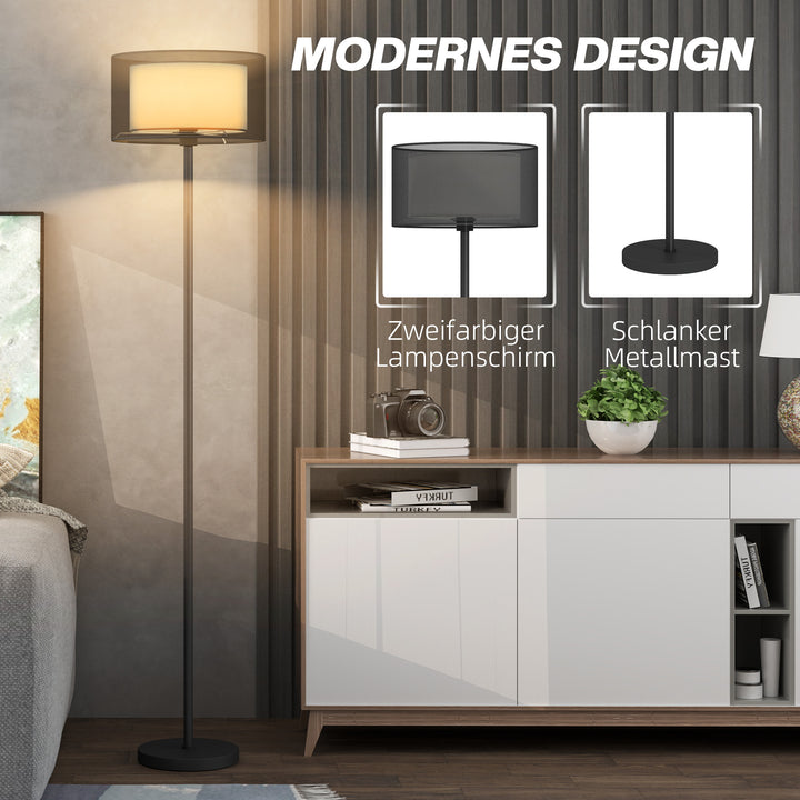 Gulvlampe, tofarvet lampeskærm, fodkontakt, metal, sort